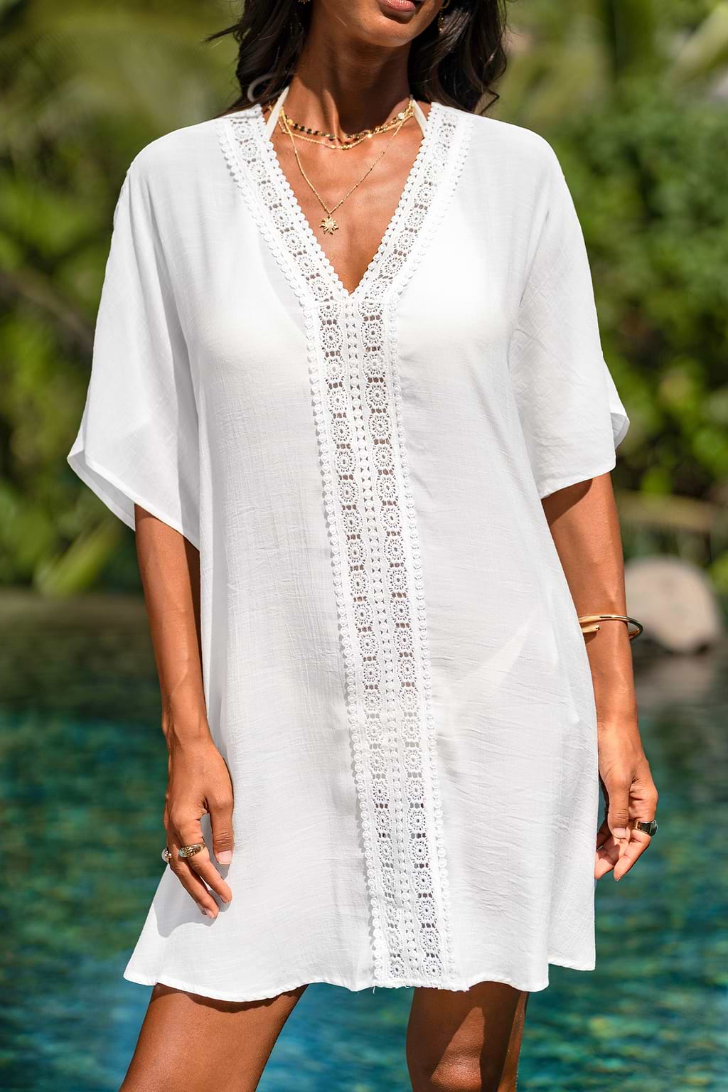 Robe cover up courte blanche tissée à col V