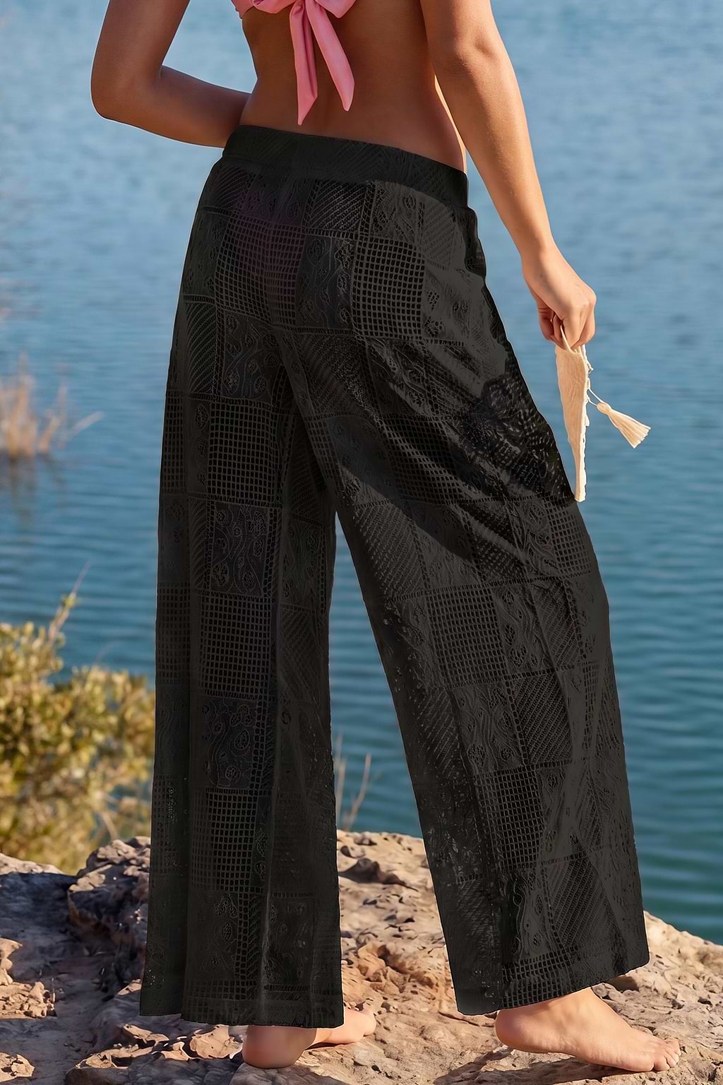 Pantalon cover up noir à taille élastiquée et jambe large