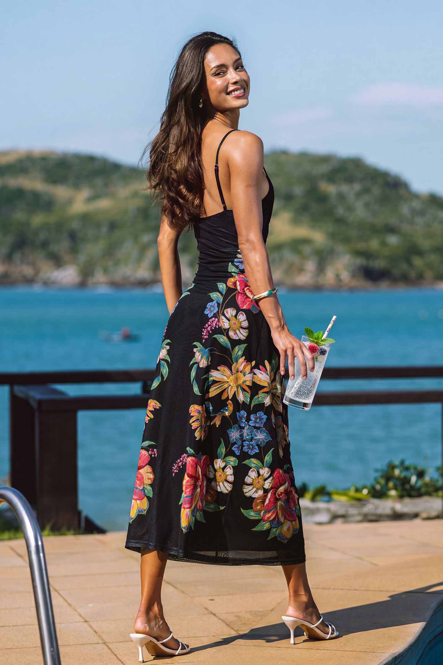 Black Floral Square Neck Midi Dress for Vacation