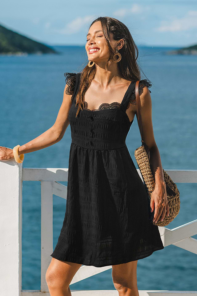 lace-trim mini dress in black reviews By Anthropologie Faux Leather Lace-Trim Mini Dress