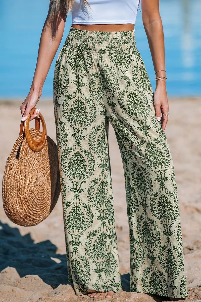 Pantalon vert damassé à jambe large