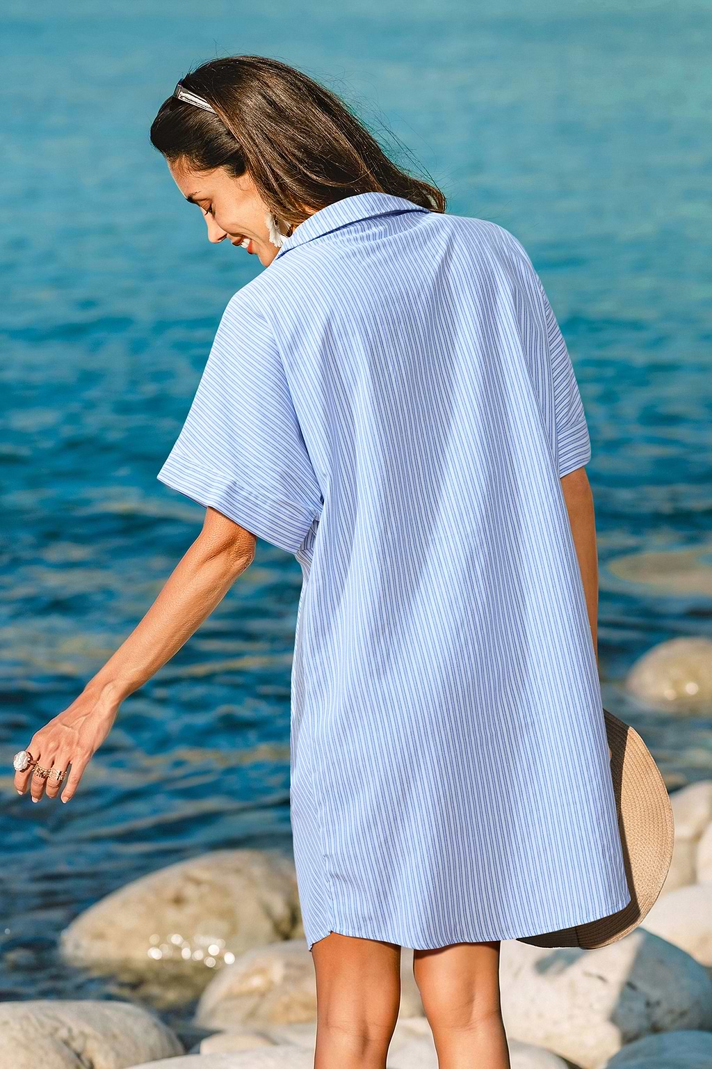 Blau Gestreiftes Kurzarm Mini-Strandkleid