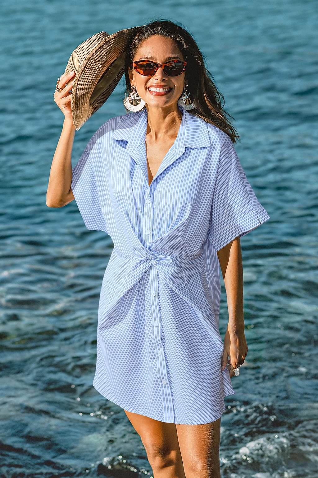 Blau Gestreiftes Kurzarm Mini-Strandkleid