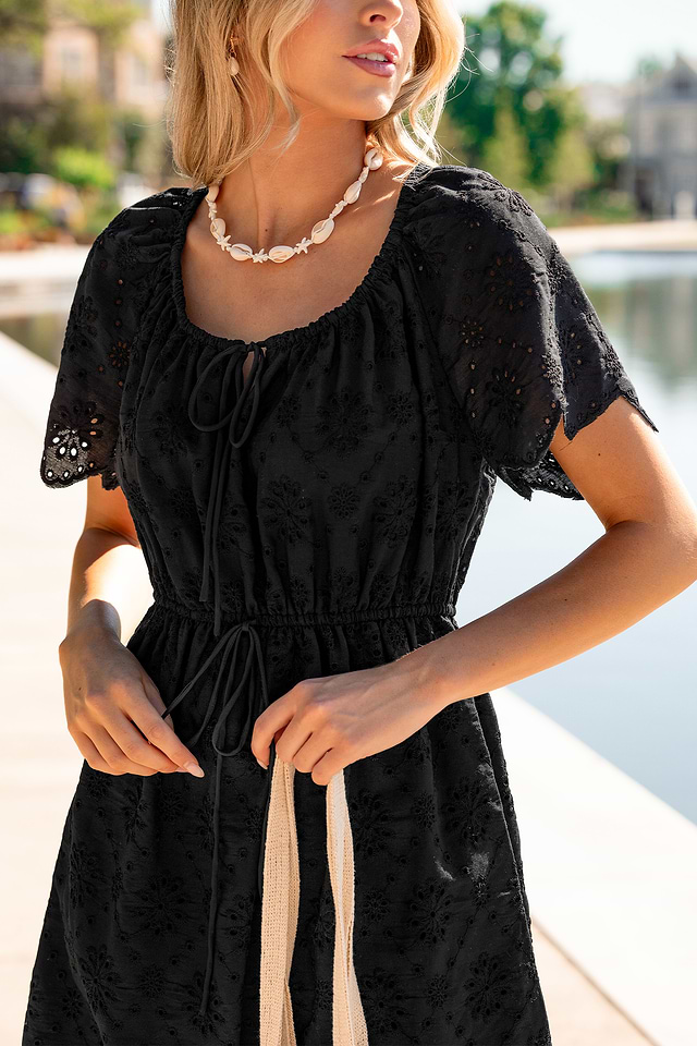 palm beach black tie dress Eyelet Mini with Waist for Vacation Side slit.