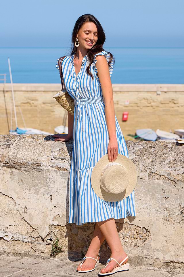 Striped Sleeveless Maxi Dress with Notched Neckline