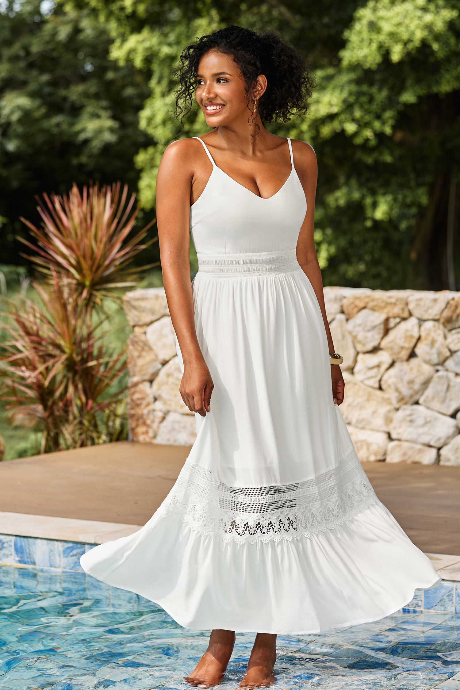 White V-Neck Maxi Dress with Lace Trim for Resort Vacation