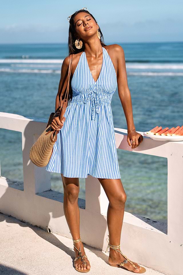 Blue Striped Halter Mini Dress for Beach Vacation