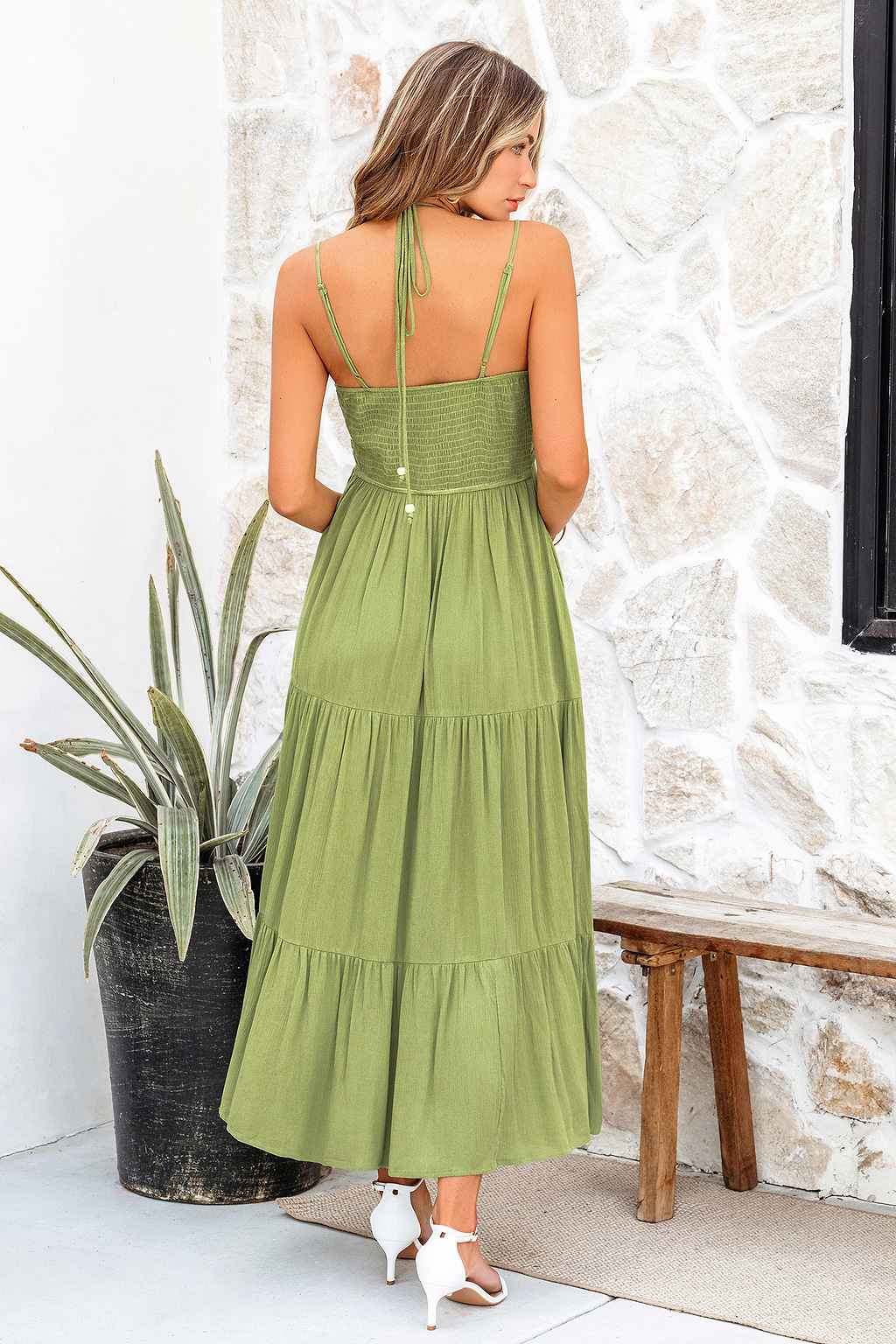 Olive Green Notched Neck Halter Midi Dress