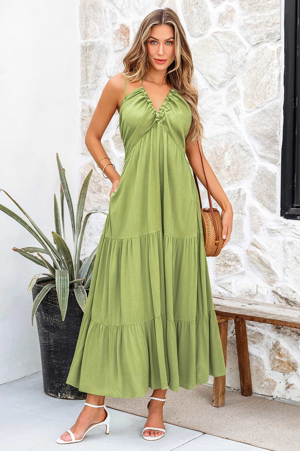 Olive Green Notched Neck Halter Midi Dress