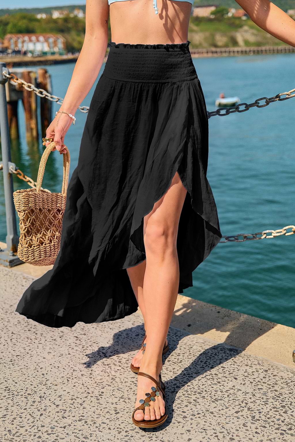 Schwarzer Midi-Strand-Sarong mit gesmokter Taille