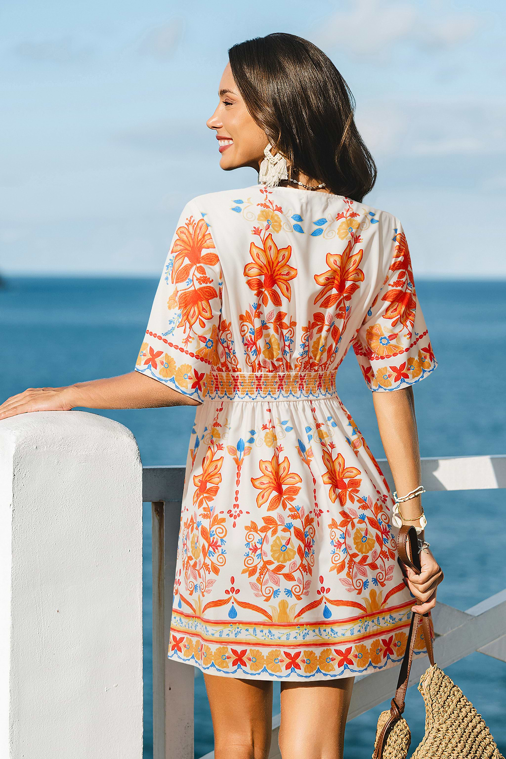 Orange Tropisches Mini-Strandkleid mit tiefem Ausschnitt