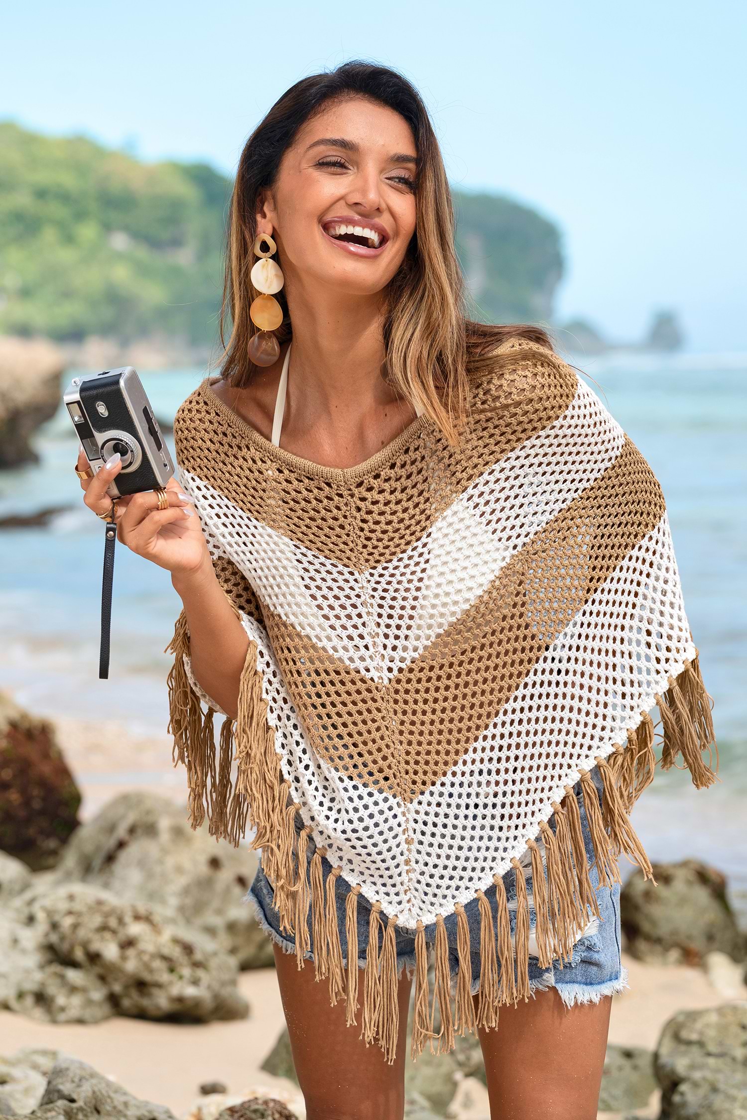 Aqua Striped Knit Long Sleeve Beach Cover-Up Top