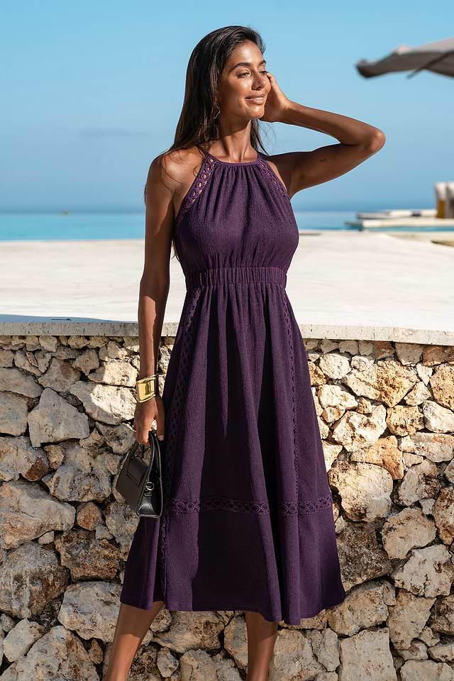 midi purple cocktail dress Draped Bardot Midi Dress Purple