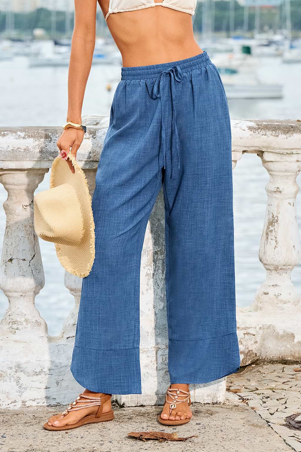 Pantalon bleu droit à taille élastiquée