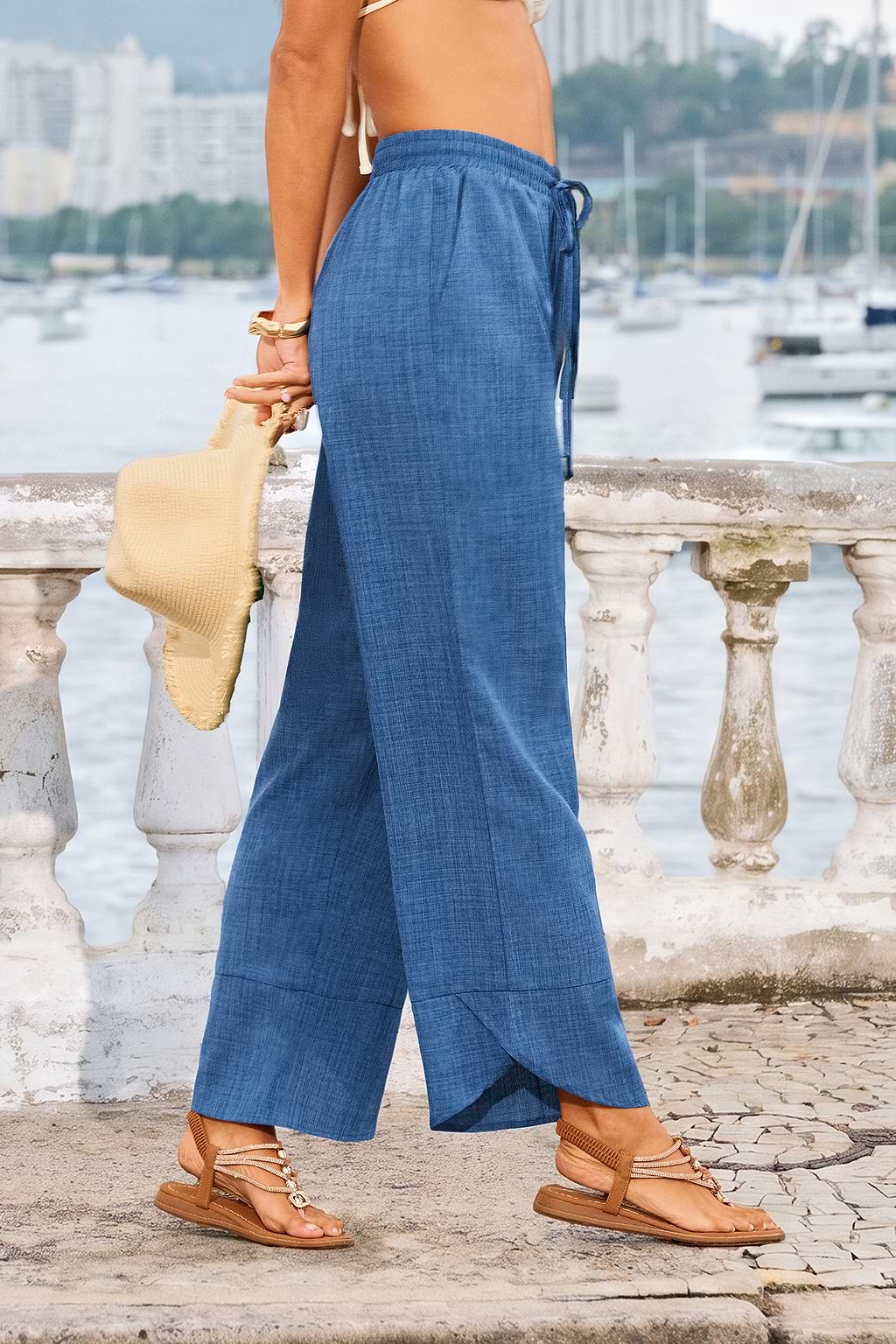 Pantalon bleu droit à taille élastiquée