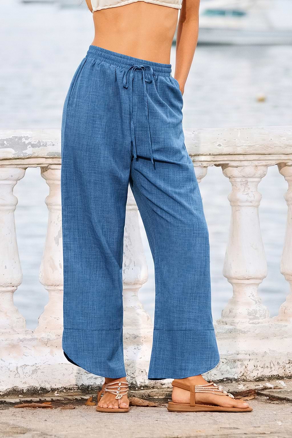 Pantalon bleu droit à taille élastiquée