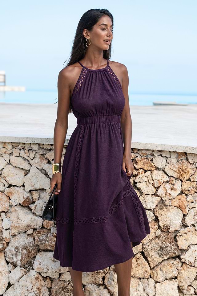 purple midi bridesmaid dresses Violet slip midi dress Dark purple off shoulder straps back Elegant dr Koutun Dress