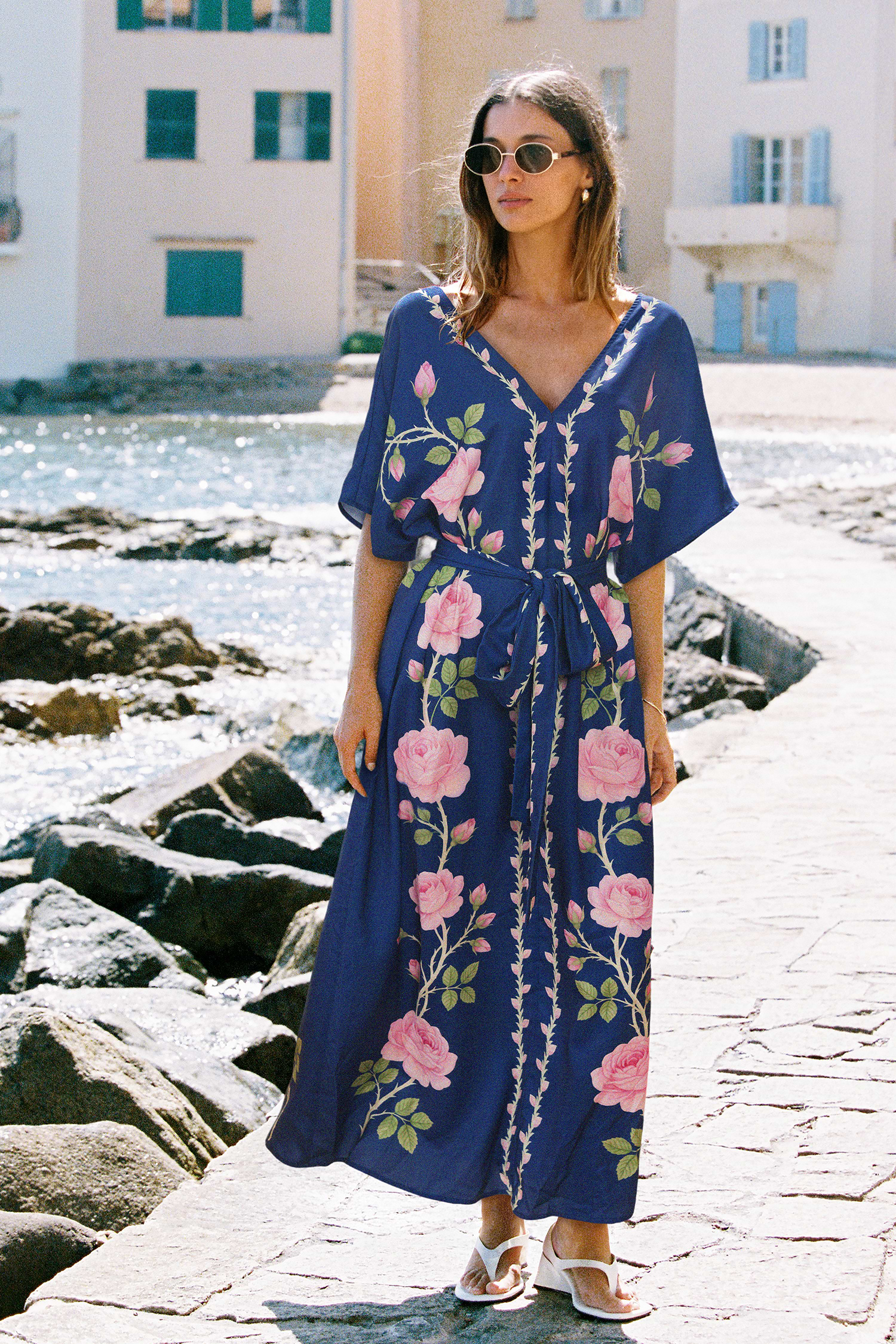 Navy Floral V-Neck Maxi Dress for Vacation Days
