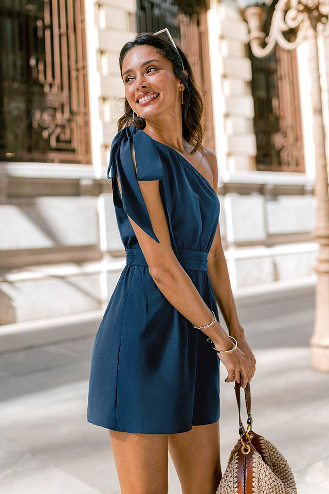 navy blue romper dress Asymmetrical Woven for City Strolls Fits true to size! Fabric Category:WOVEN a-line midi dresses Short Color:Scarlet Sketch