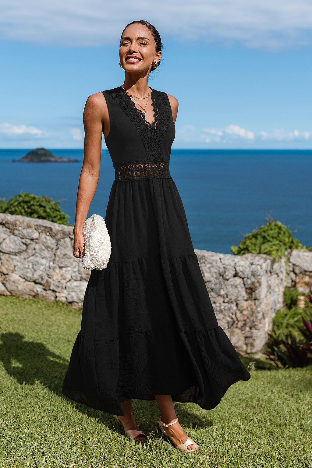 Schwarzes Ärmelloses V-Ausschnitt Maxi-Urlaubs-Sommerkleid