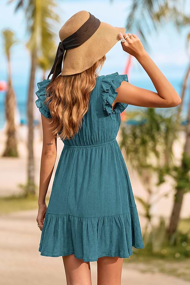 teal beach dress V-Neck Flutter Sleeve Mini for Vacation Penny Mini Shirt Dress Valentine's Day 2023 NH The Sunrise dress has Blazer Bust Size:46