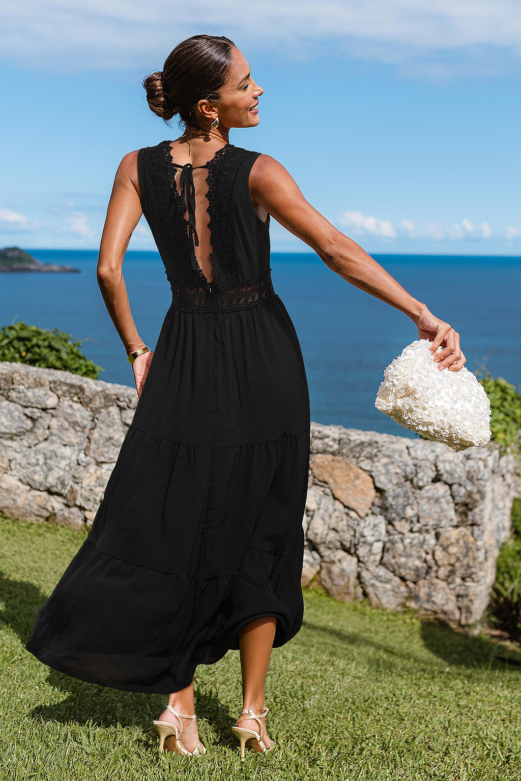 Schwarzes Ärmelloses V-Ausschnitt Maxi-Urlaubs-Sommerkleid