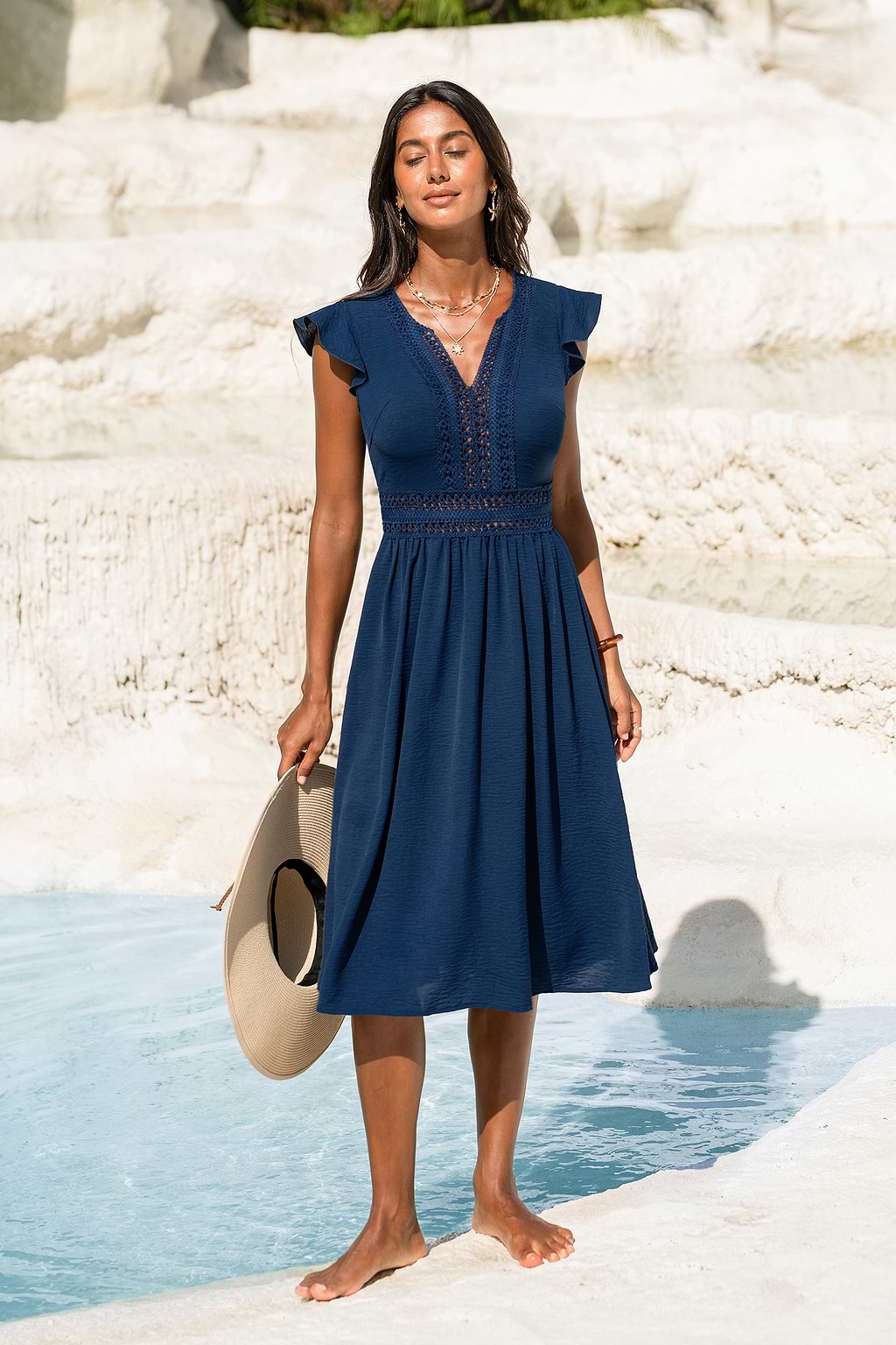 Robe midi bleue à manches courtes