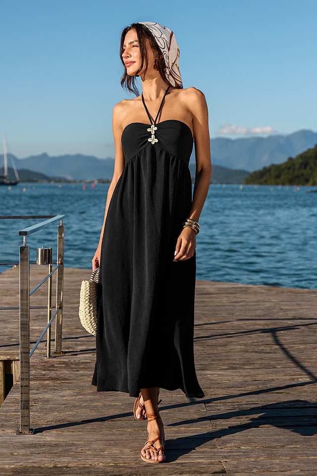 city beach black maxi dress Cupshe What a Treat - Black upscale linen dress designed