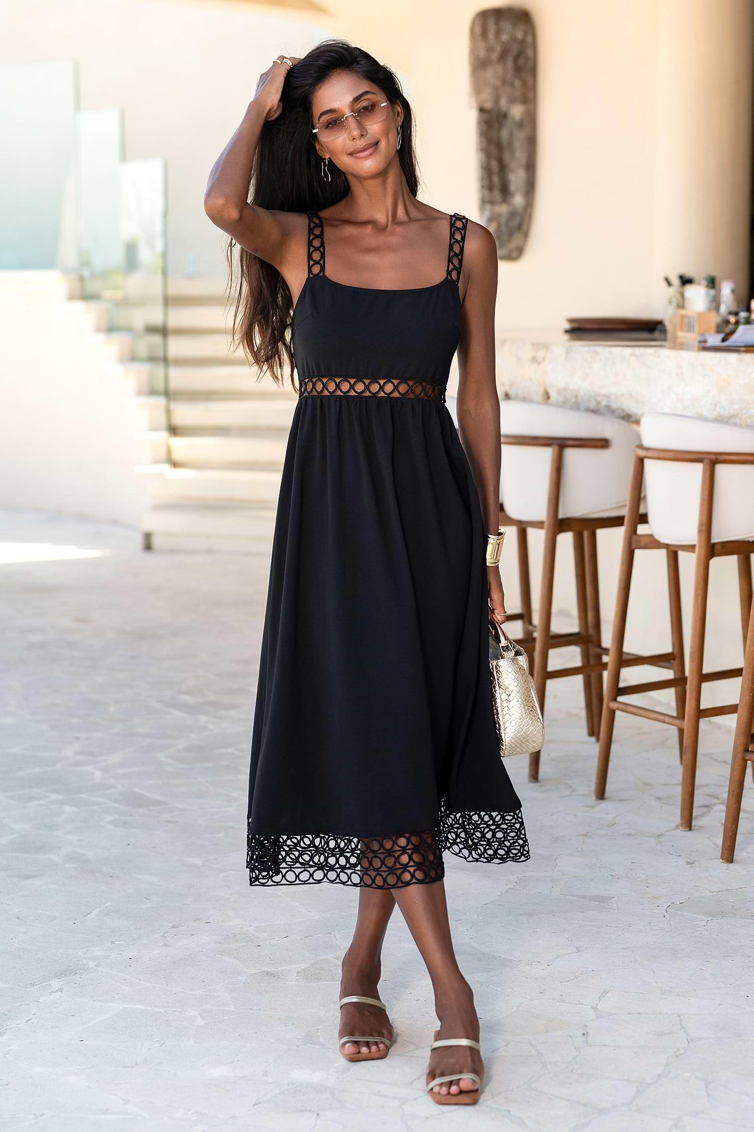 Black Scoop Neck Sleeveless Midi Dress with Openwork Trim