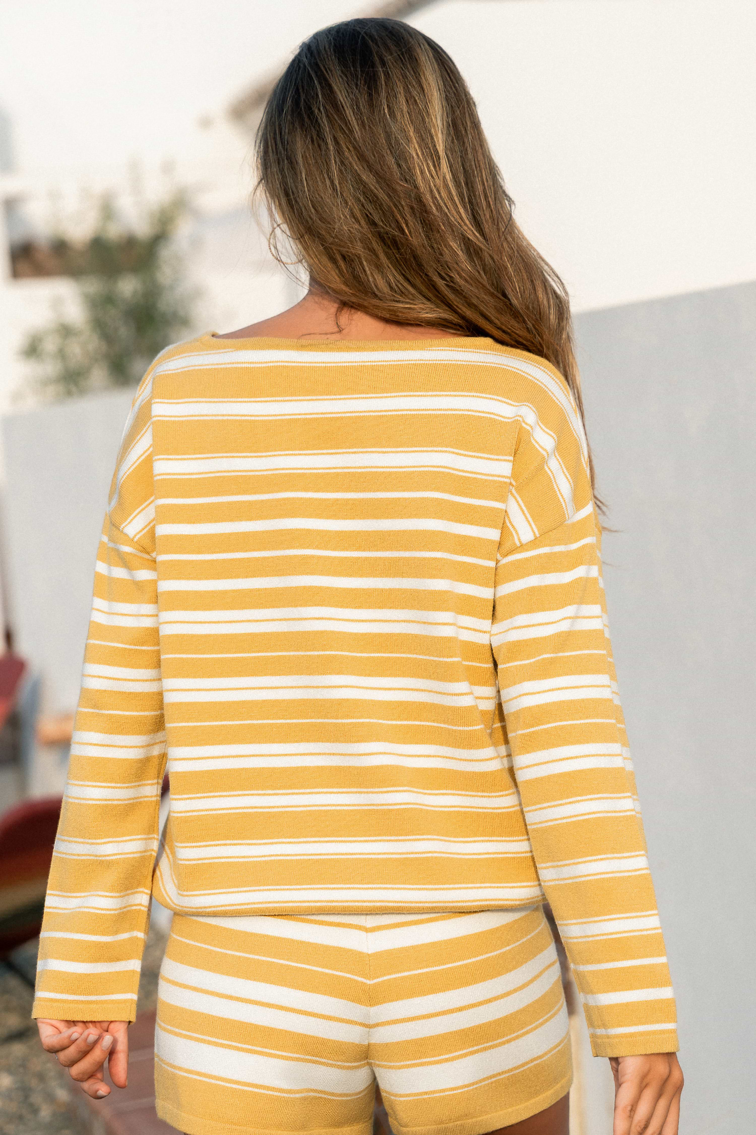 Yellow Striped Knit Sweater with Round Neck