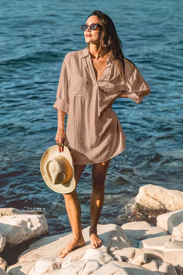 khaki beach dress Collared Mini Cover-Up for Vacation Green