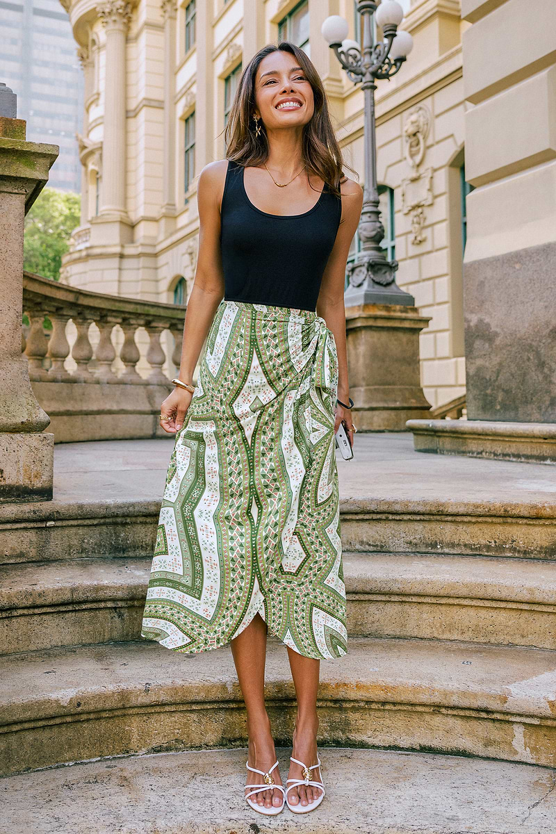 Robe midi géométrique à col scoop et lien côté