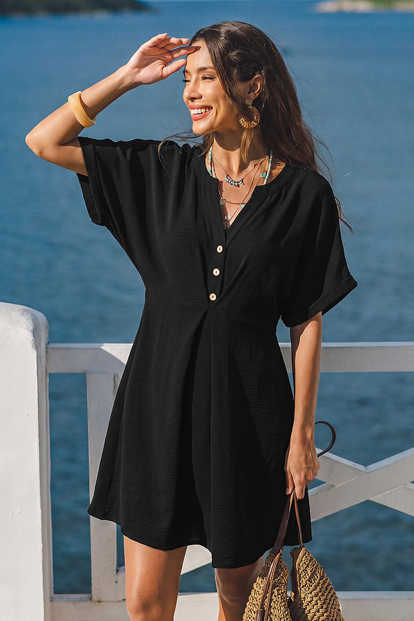 black dress petite Karen Kane Women's Size 3/4 Sleeve Cascade Wrap Dress, SP, SP, Black, Rayon/Spandex 85% polyester Petite Ruffles Black Mini Dress