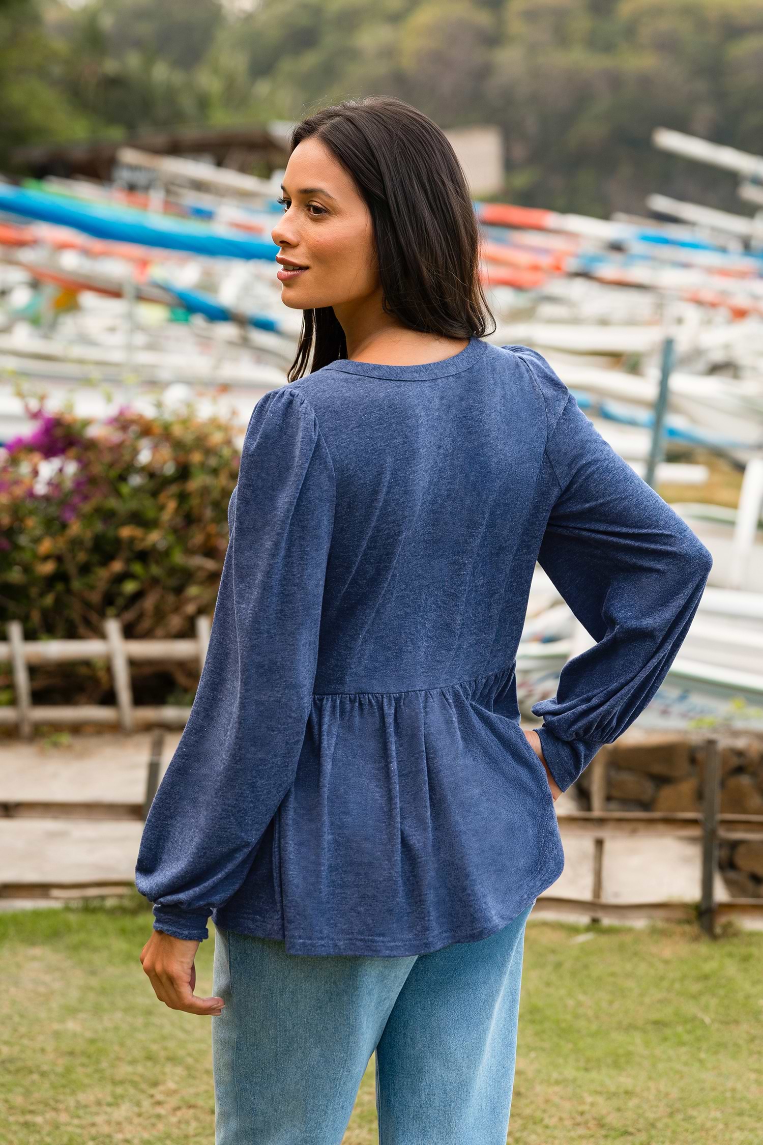Blue Knit Top with Notched Neckline and Long Sleeves