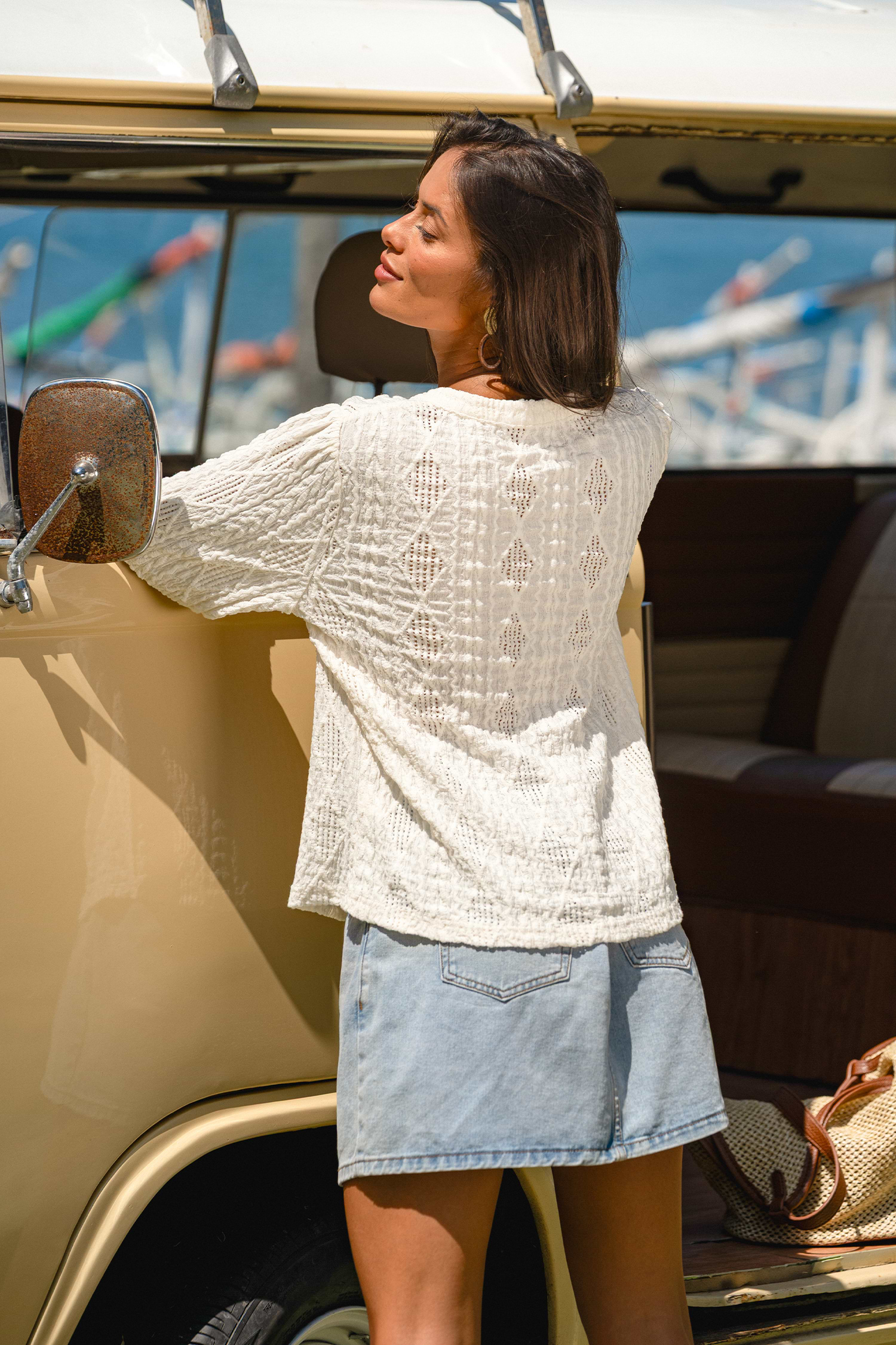 Beige Textured Notched Neck Knit Top with Long Sleeves
