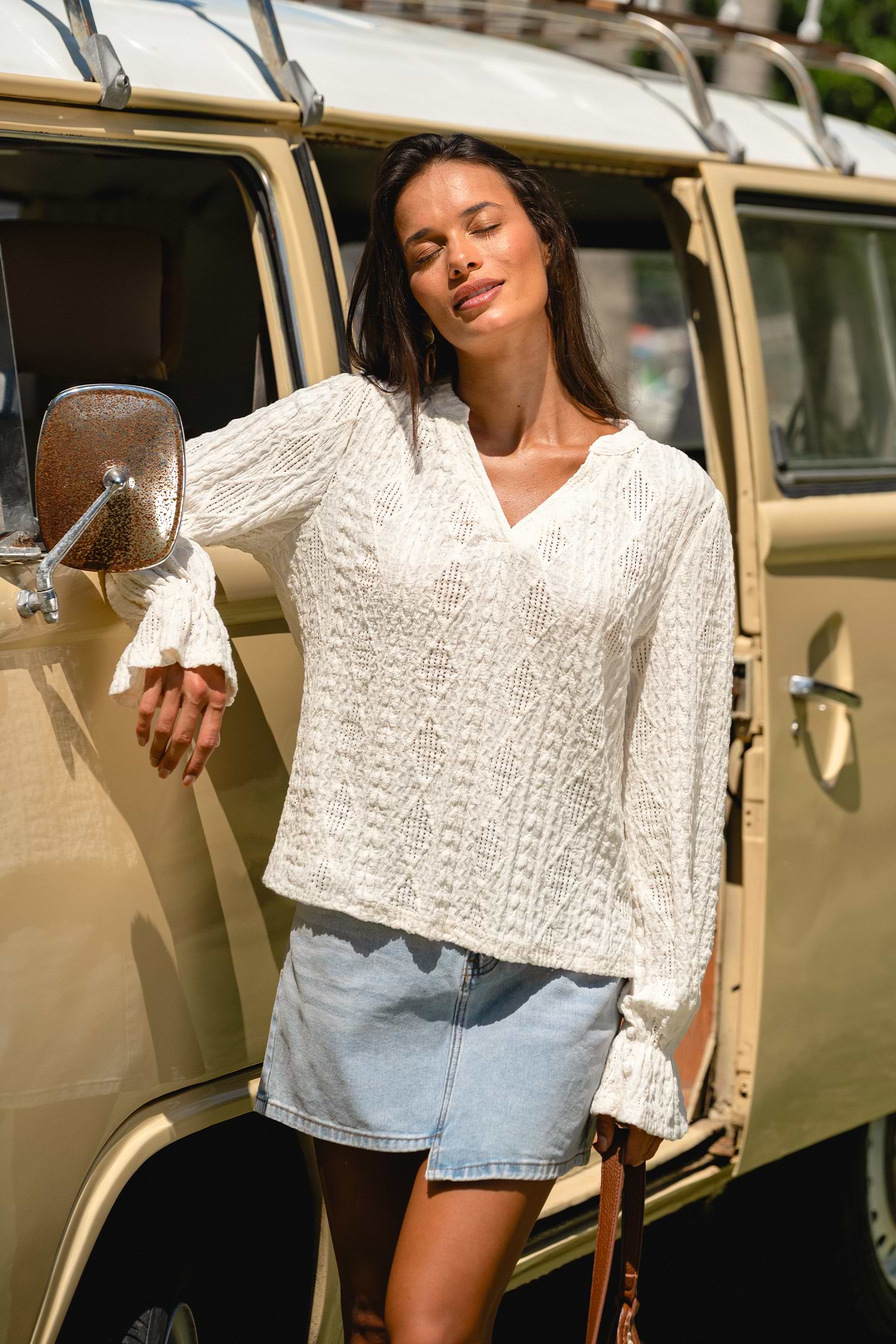 Beige Textured Notched Neck Knit Top with Long Sleeves