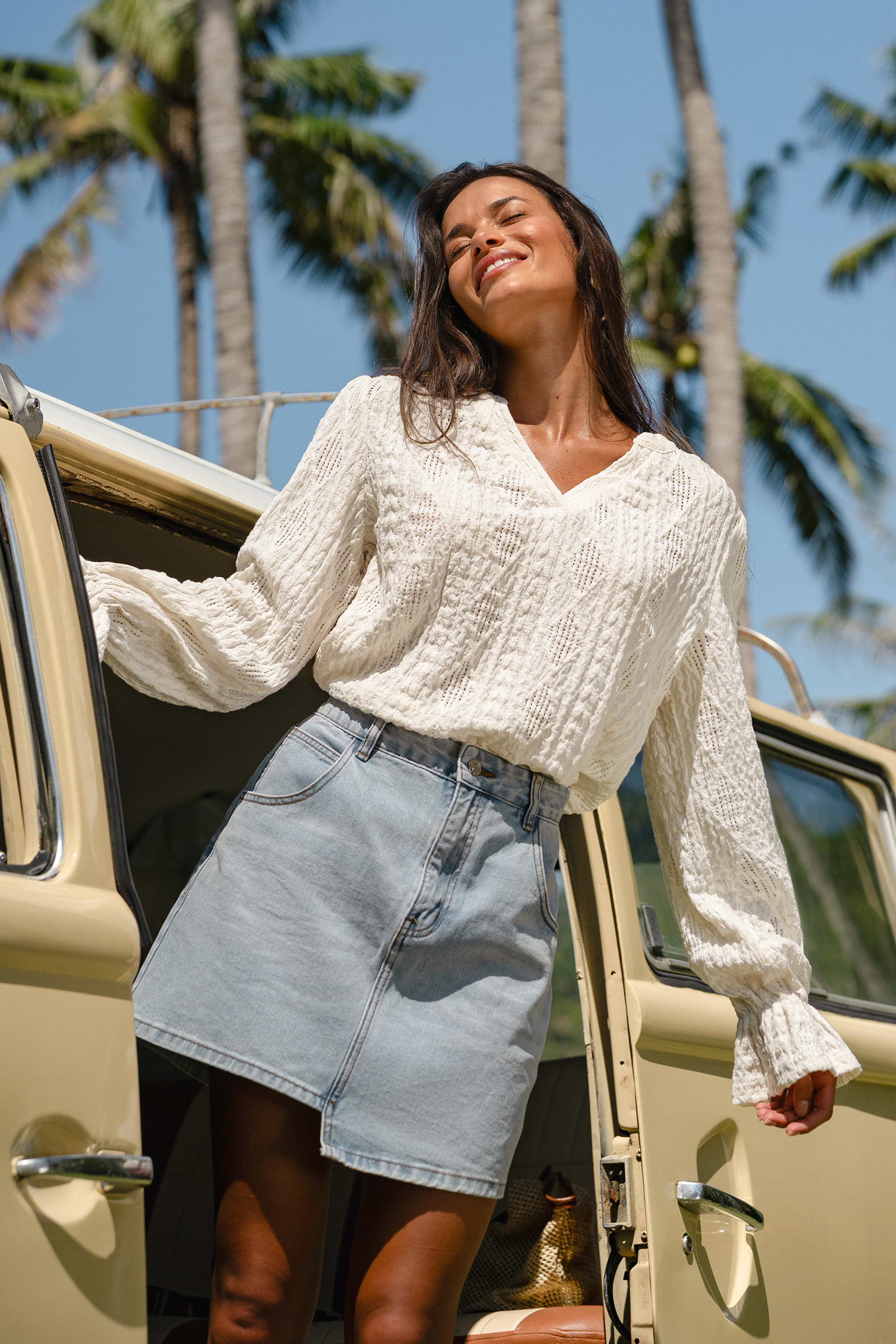 Beige Textured Notched Neck Knit Top with Long Sleeves