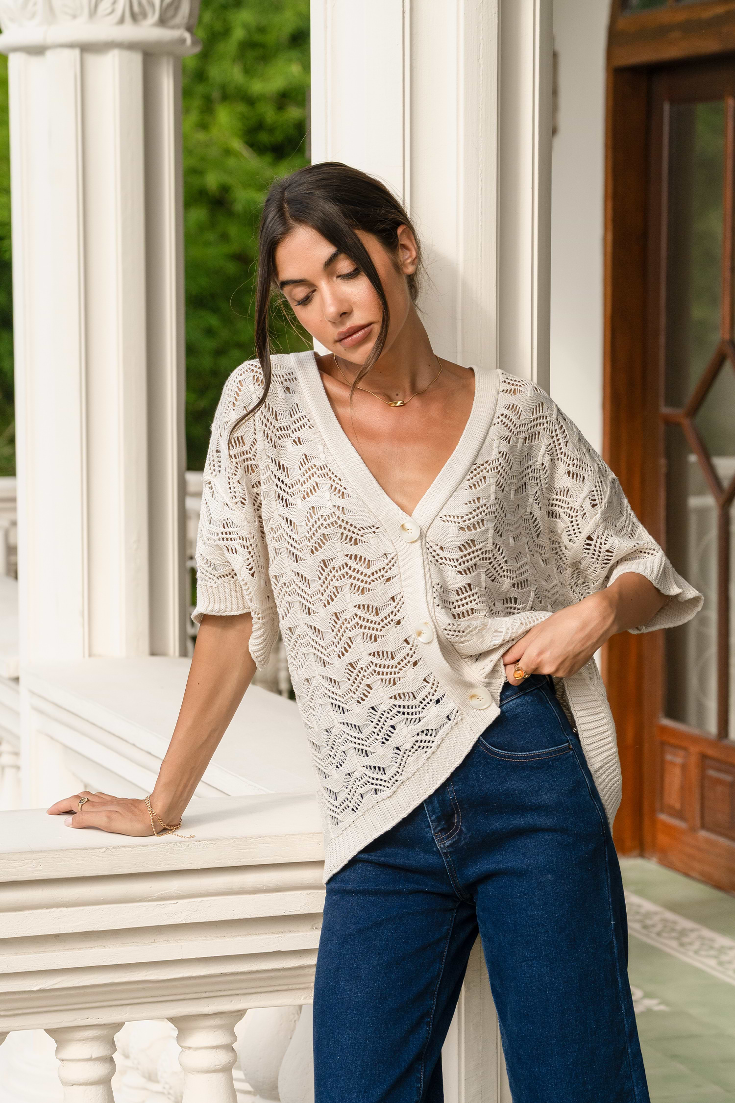 Beige Knit V-Neck Cardigan with Half Sleeves