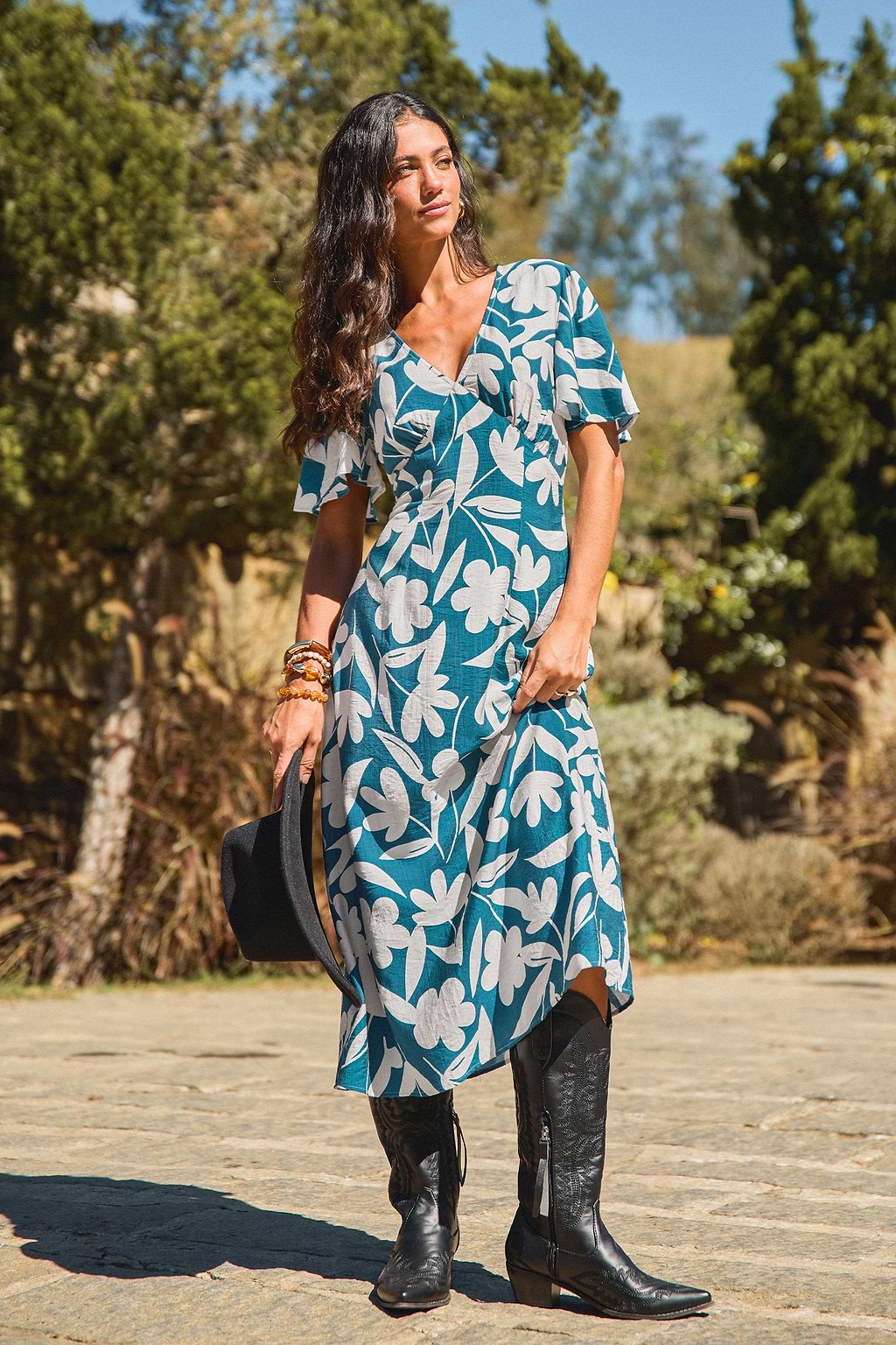 Blau Tropisches Midikleid mit V-Ausschnitt