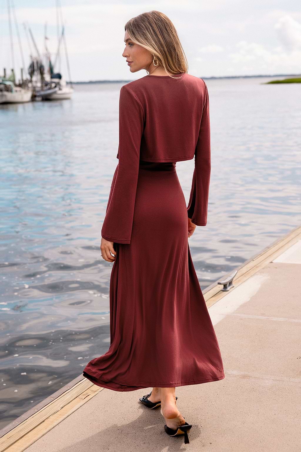 Ensemble robe midi brique avec cardigan assorti