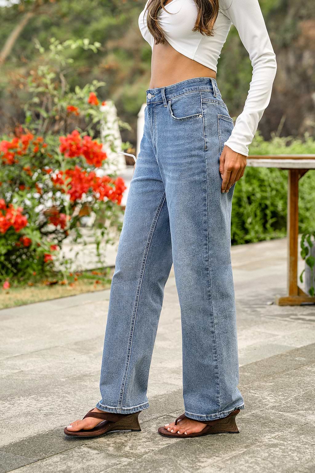 Blaue Ultra-High-Waist Gerade Jeanshose