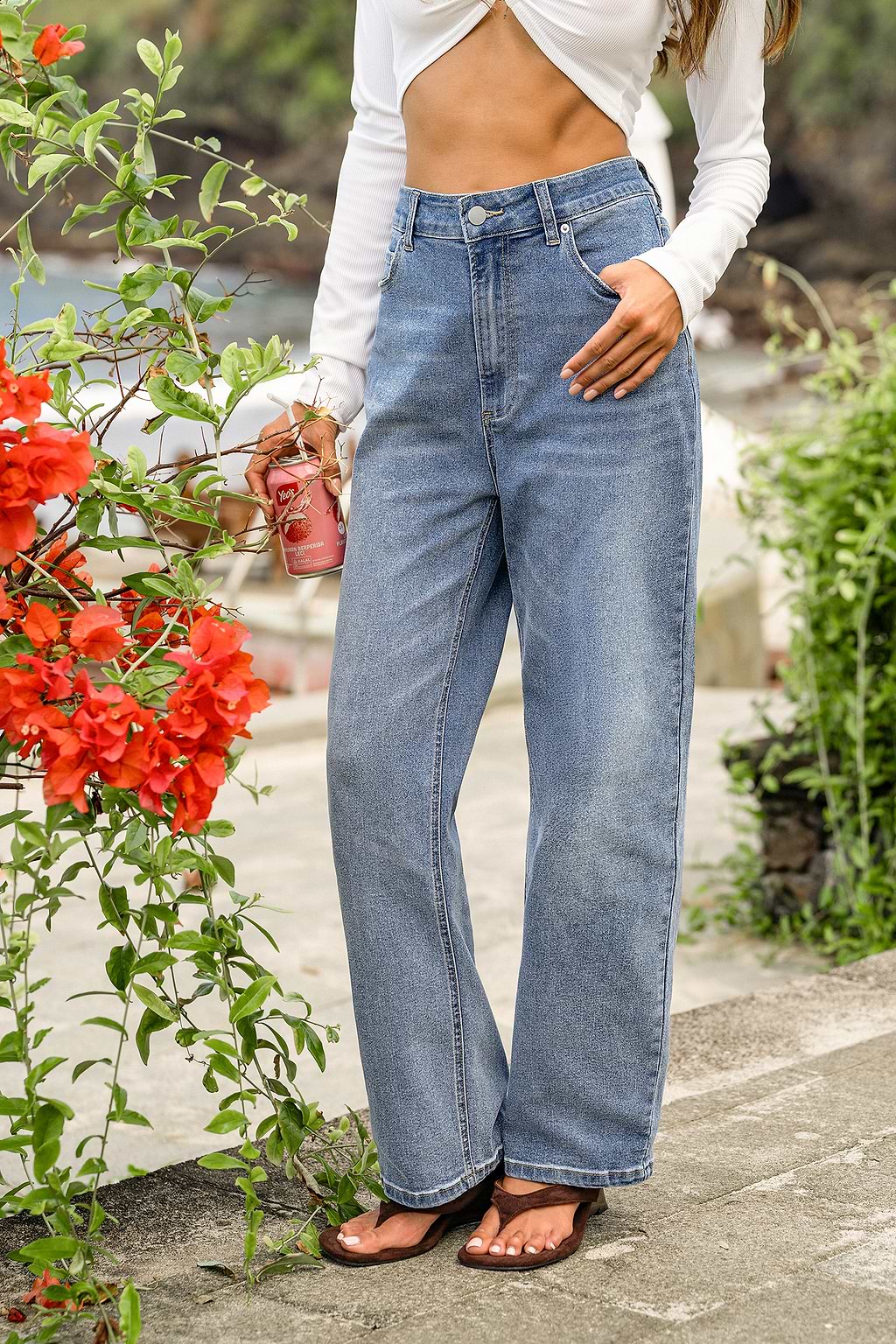 Blaue Ultra-High-Waist Gerade Jeanshose