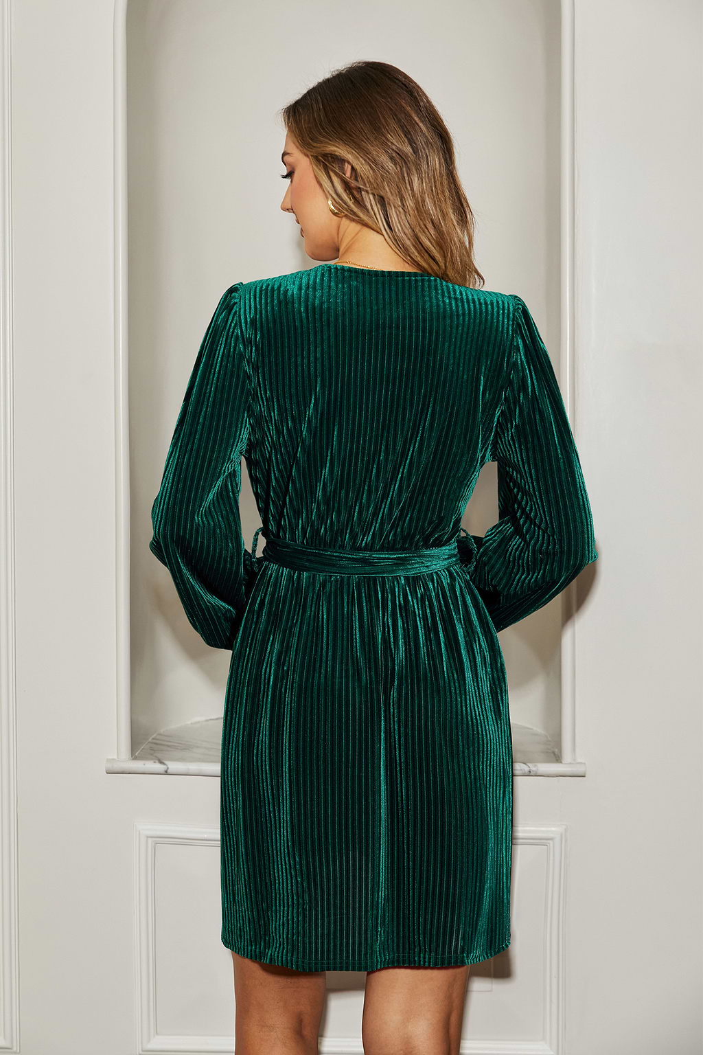 Robe de fête portefeuille courte en velours verte