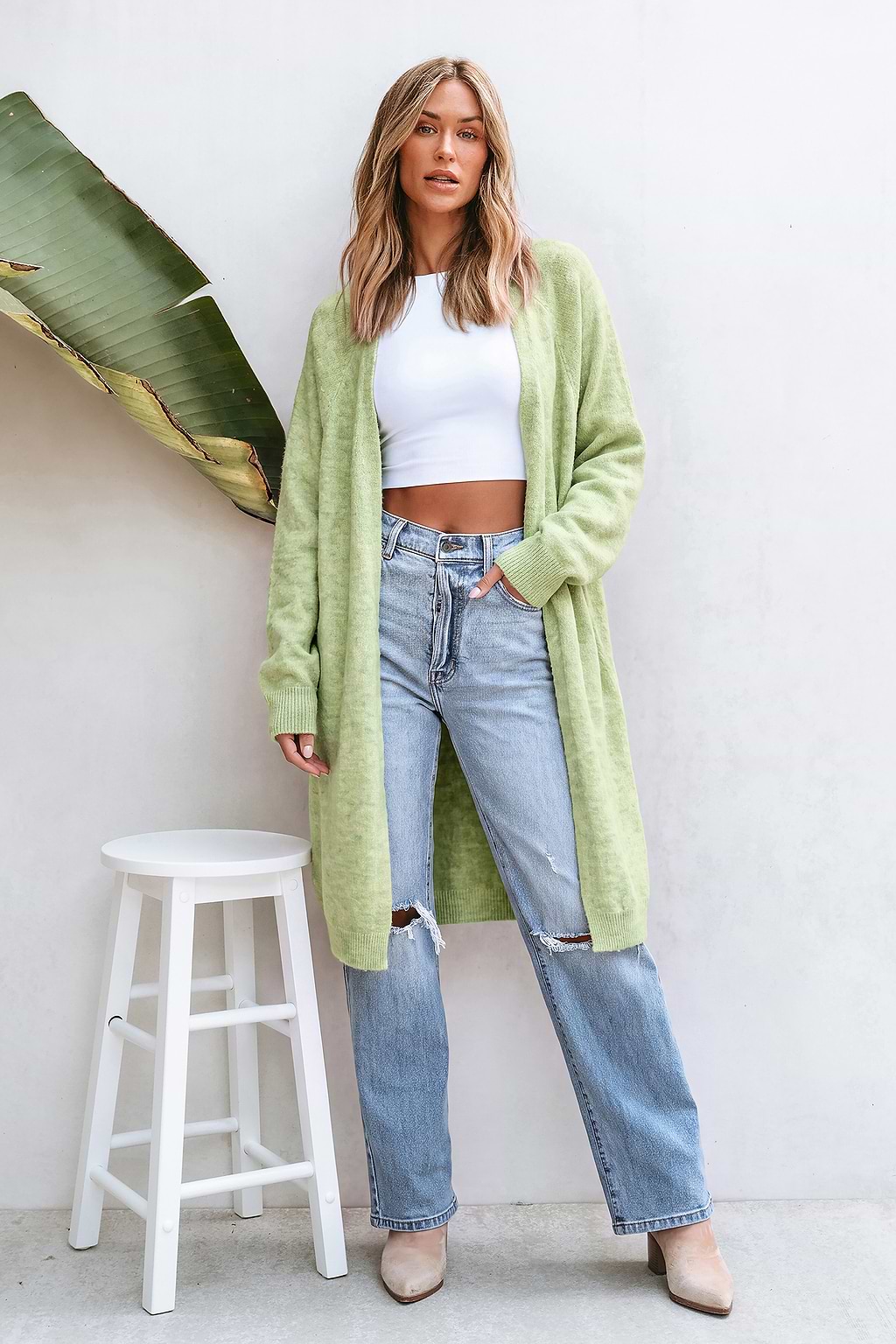 Cardigan vert à devant ouvert et manches dolman