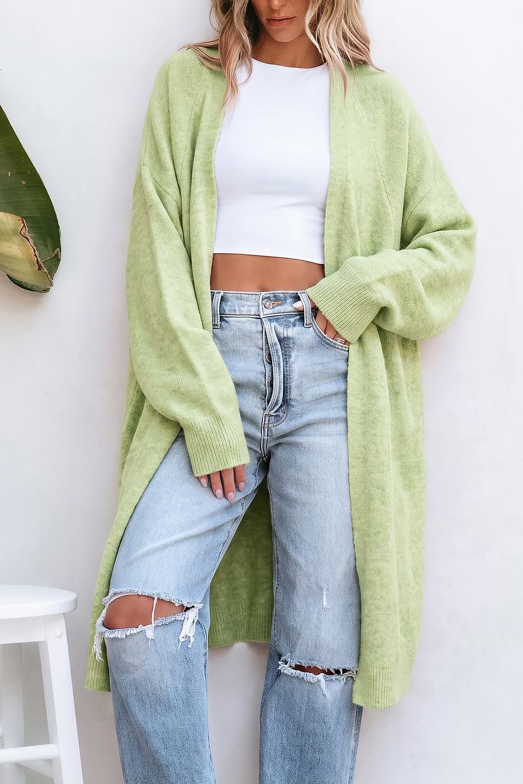 Cardigan vert à devant ouvert et manches dolman