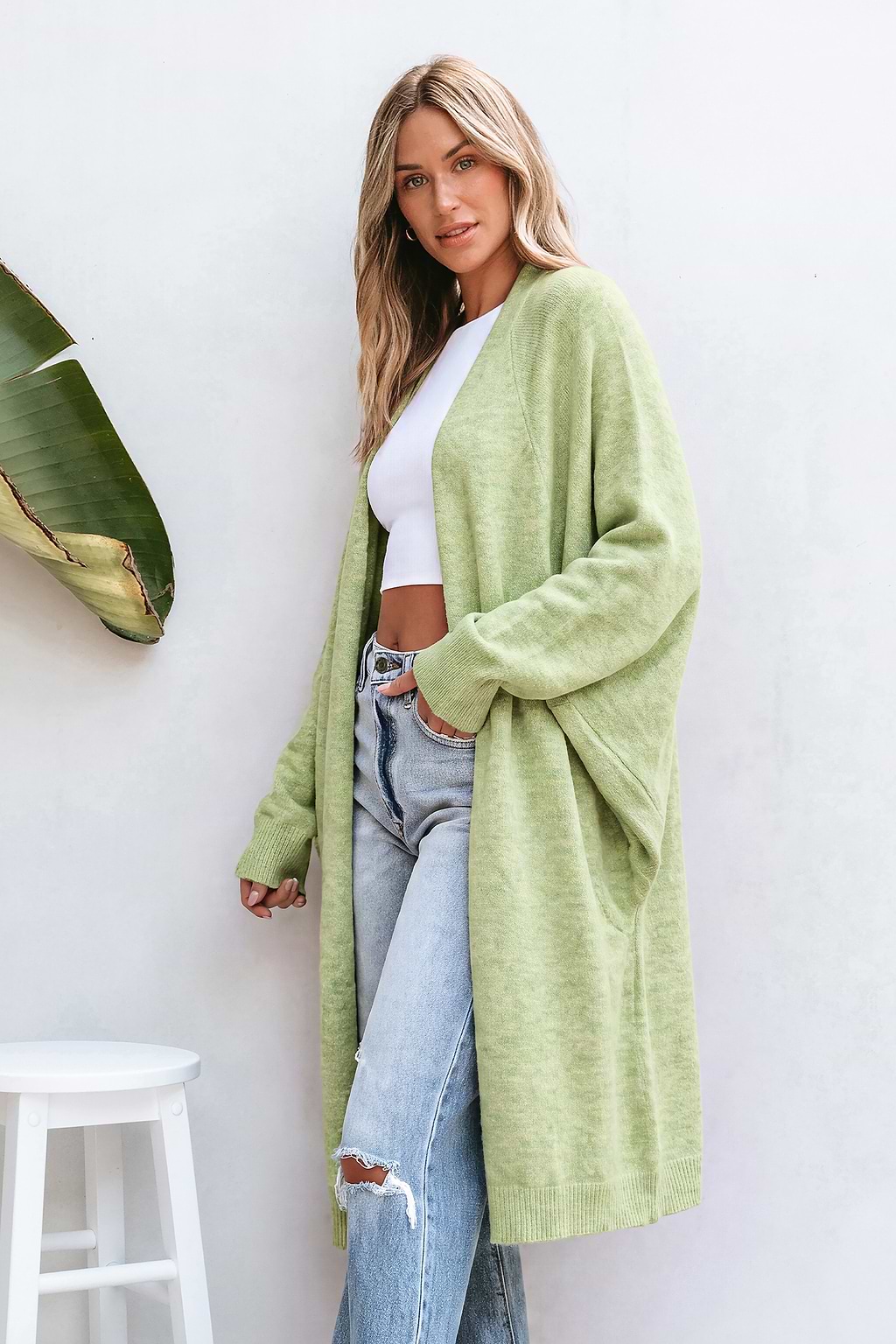 Cardigan vert à devant ouvert et manches dolman