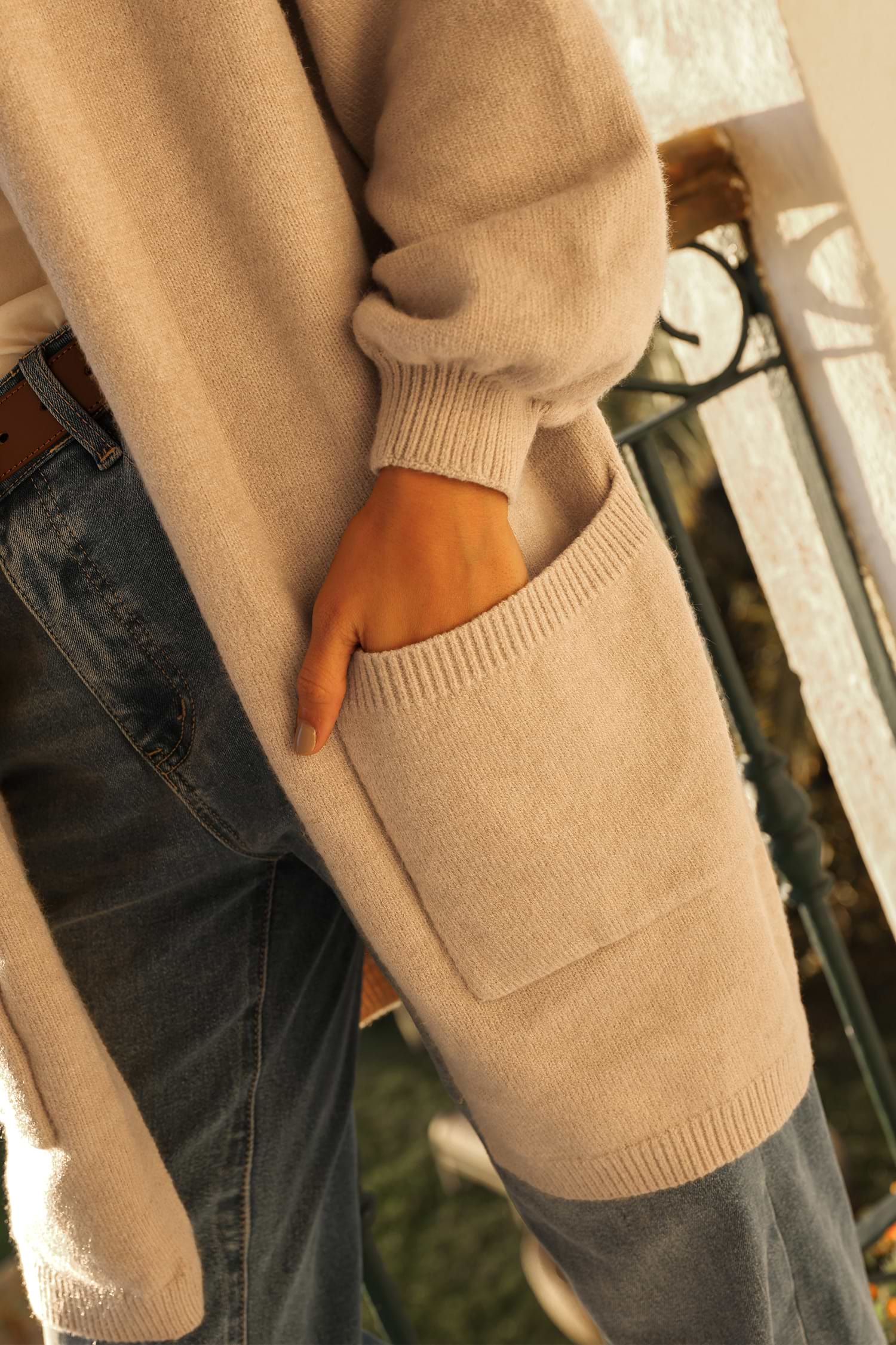 Khaki Knit Open-Front Cardigan with V-Neckline