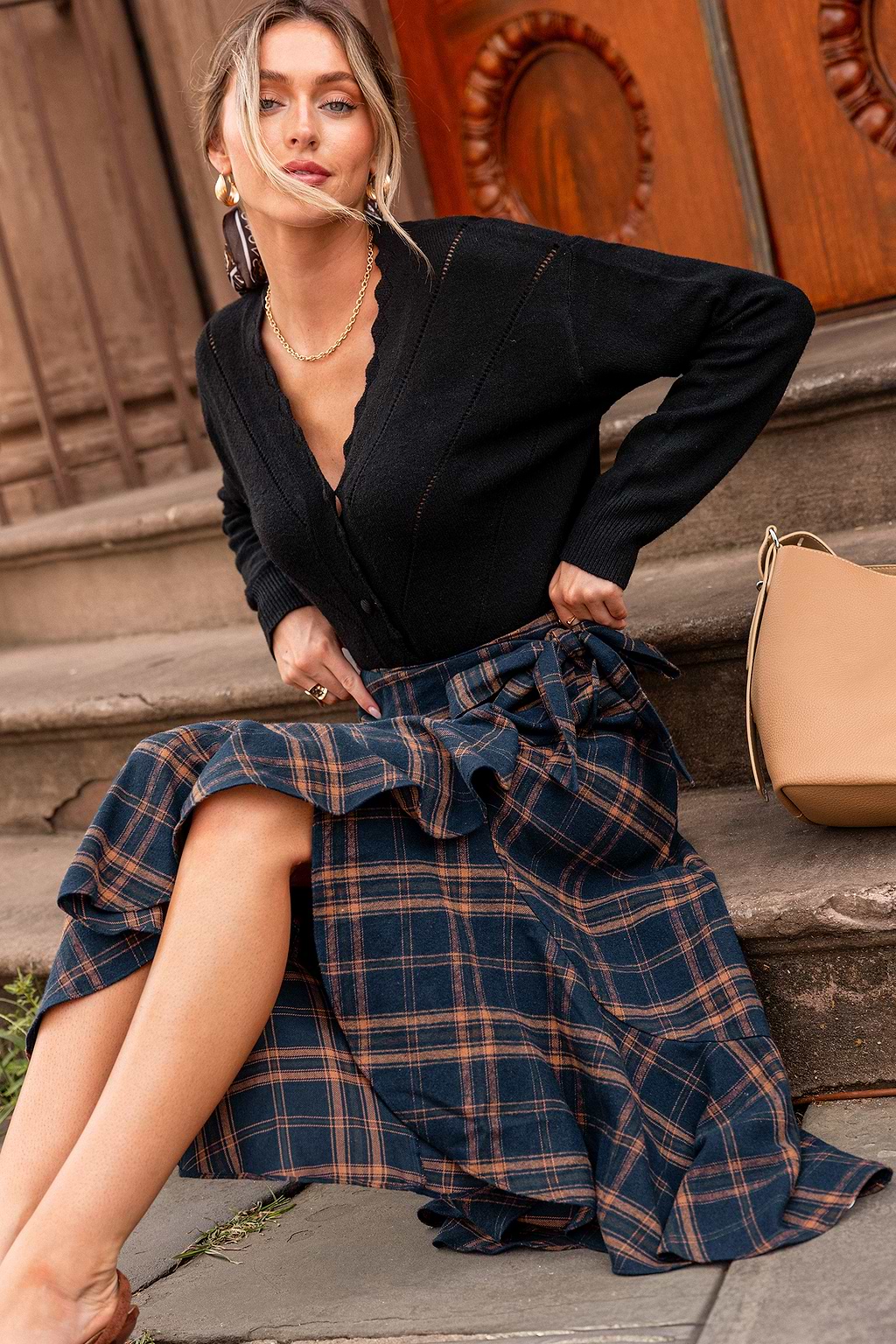 Extra Credit Plaid Midi Skirt