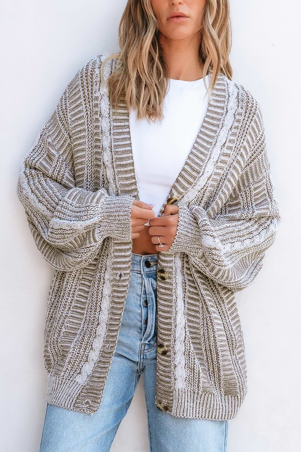 Cardigan long à manches longues en tricot torsadé marron