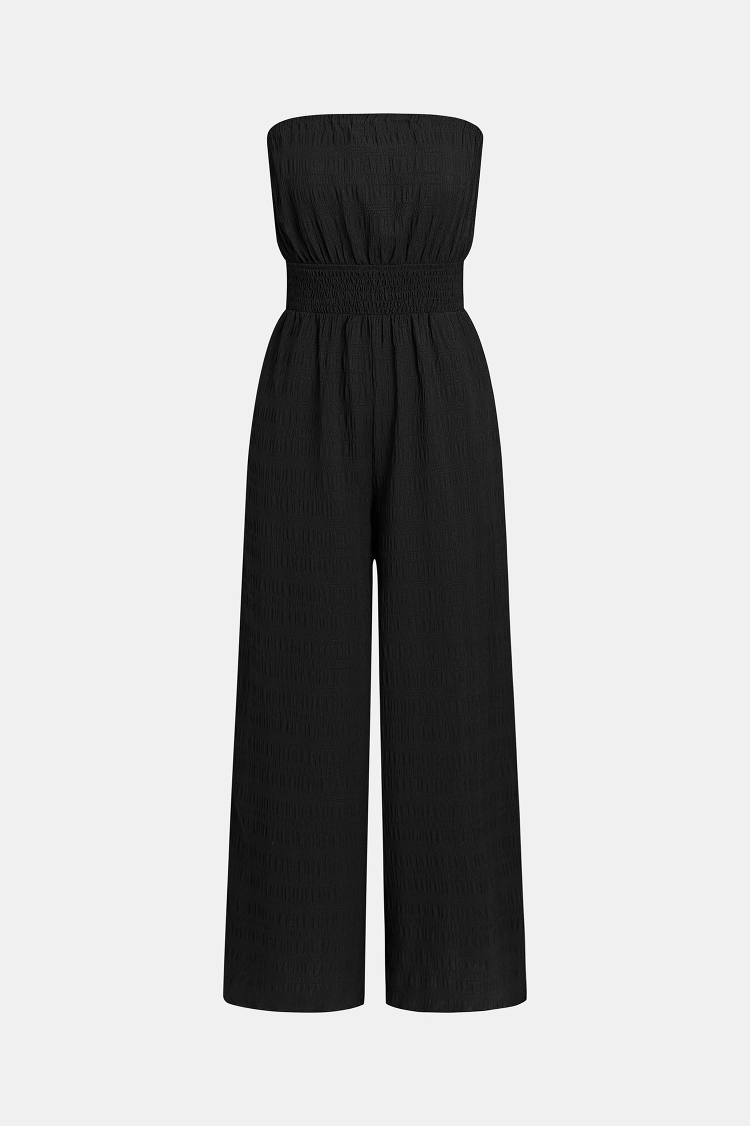 Black Strapless Wide Leg Jumpsuit with Smocked Waist